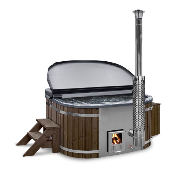 Hot Tub Quattro integrated heater Dark Oak Stain Thermowood cladding standard steps metallic grey acrylic insert water filtration hybrid heating 600x600 1